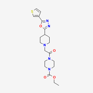 molecular formula C20H27N5O4S B2499033 乙酸 4-(2-(4-(5-(噻吩-3-基)-1,3,4-噁二唑-2-基)哌啶-1-基)乙酰基)哌嗪-1-甲酸酯 CAS No. 1448037-76-0