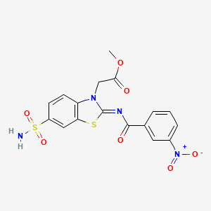 molecular formula C17H14N4O7S2 B2499046 (Z)-methyl 2-(2-((3-nitrobenzoyl)imino)-6-sulfamoylbenzo[d]thiazol-3(2H)-yl)acetate CAS No. 887205-72-3