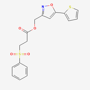 molecular formula C17H15NO5S2 B2499182 (5-(Thiophen-2-yl)isoxazol-3-yl)methyl 3-(phenylsulfonyl)propanoate CAS No. 1206998-48-2