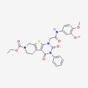 molecular formula C28H28N4O7S B2499198 ethyl 6-[2-(3,4-dimethoxyanilino)-2-oxoethyl]-3,5-dioxo-4-phenyl-8-thia-4,6,11-triazatricyclo[7.4.0.02,7]trideca-1(9),2(7)-diene-11-carboxylate CAS No. 866015-06-7