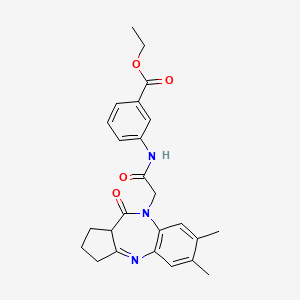 molecular formula C25H27N3O4 B2499200 Ethyl 3-(2-{12,13-dimethyl-8-oxo-2,9-diazatricyclo[8.4.0.0^{3,7}]tetradeca-1(10),2,11,13-tetraen-9-yl}acetamido)benzoate CAS No. 1251601-98-5