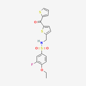 molecular formula C18H16FNO4S3 B2499239 4-ethoxy-3-fluoro-N-((5-(thiophene-2-carbonyl)thiophen-2-yl)methyl)benzenesulfonamide CAS No. 1448044-81-2
