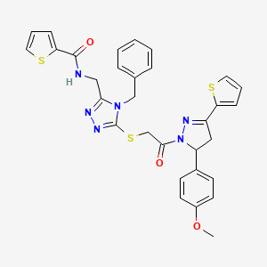 molecular formula C31H28N6O3S3 B2499431 N-{[4-benzyl-5-({2-[5-(4-methoxyphenyl)-3-(thiophen-2-yl)-4,5-dihydro-1H-pyrazol-1-yl]-2-oxoethyl}sulfanyl)-4H-1,2,4-triazol-3-yl]methyl}thiophene-2-carboxamide CAS No. 361149-21-5