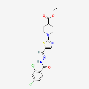 molecular formula C19H20Cl2N4O3S B2499527 ethyl 1-(5-{[(E)-2-(2,4-dichlorobenzoyl)hydrazono]methyl}-1,3-thiazol-2-yl)-4-piperidinecarboxylate CAS No. 477868-56-7