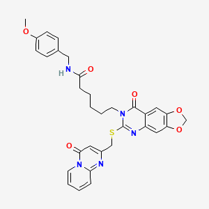 molecular formula C32H31N5O6S B2499639 N-[(4-methoxyphenyl)methyl]-6-{8-oxo-6-[({4-oxo-4H-pyrido[1,2-a]pyrimidin-2-yl}methyl)sulfanyl]-2H,7H,8H-[1,3]dioxolo[4,5-g]quinazolin-7-yl}hexanamide CAS No. 688060-96-0