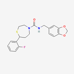 molecular formula C20H21FN2O3S B2499668 N-(benzo[d][1,3]dioxol-5-ylmethyl)-7-(2-fluorophenyl)-1,4-thiazepane-4-carboxamide CAS No. 1705889-15-1