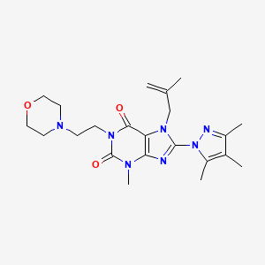 molecular formula C22H31N7O3 B2499702 3-Methyl-7-(2-methylprop-2-enyl)-1-(2-morpholin-4-ylethyl)-8-(3,4,5-trimethylp yrazolyl)-1,3,7-trihydropurine-2,6-dione CAS No. 1014053-85-0