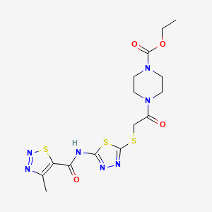 molecular formula C15H19N7O4S3 B2499720 Ethyl 4-(2-((5-(4-methyl-1,2,3-thiadiazole-5-carboxamido)-1,3,4-thiadiazol-2-yl)thio)acetyl)piperazine-1-carboxylate CAS No. 1351614-94-2