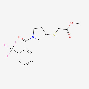 molecular formula C15H16F3NO3S B2499730 Methyl 2-((1-(2-(trifluoromethyl)benzoyl)pyrrolidin-3-yl)thio)acetate CAS No. 2034471-68-4