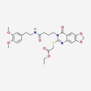 molecular formula C27H31N3O8S B2499820 ethyl 2-{[7-(3-{[2-(3,4-dimethoxyphenyl)ethyl]carbamoyl}propyl)-8-oxo-2H,7H,8H-[1,3]dioxolo[4,5-g]quinazolin-6-yl]sulfanyl}acetate CAS No. 688060-38-0