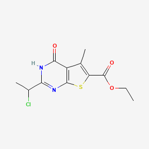 molecular formula C12H13ClN2O3S B2499827 ethyl 2-(1-chloroethyl)-5-methyl-4-oxo-3H,4H-thieno[2,3-d]pyrimidine-6-carboxylate CAS No. 733030-80-3