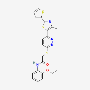 molecular formula C22H20N4O2S3 B2500055 N-(2-ethoxyphenyl)-2-({6-[4-methyl-2-(thiophen-2-yl)-1,3-thiazol-5-yl]pyridazin-3-yl}sulfanyl)acetamide CAS No. 1005304-45-9