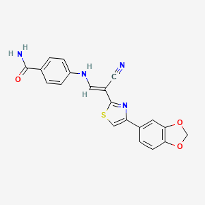molecular formula C20H14N4O3S B2500071 (E)-4-((2-(4-(benzo[d][1,3]dioxol-5-yl)thiazol-2-yl)-2-cyanovinyl)amino)benzamide CAS No. 383895-97-4