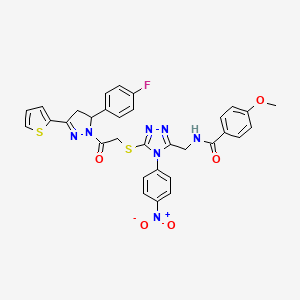 molecular formula C32H26FN7O5S2 B2500198 N-{[5-({2-[5-(4-fluorophenyl)-3-(thiophen-2-yl)-4,5-dihydro-1H-pyrazol-1-yl]-2-oxoethyl}sulfanyl)-4-(4-nitrophenyl)-4H-1,2,4-triazol-3-yl]methyl}-4-methoxybenzamide CAS No. 393583-92-1