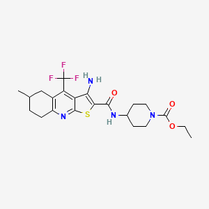 molecular formula C22H27F3N4O3S B2500205 ethyl 4-[3-amino-6-methyl-4-(trifluoromethyl)-5H,6H,7H,8H-thieno[2,3-b]quinoline-2-amido]piperidine-1-carboxylate CAS No. 626228-77-1