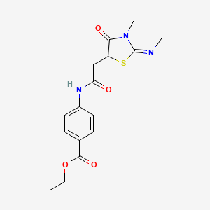 molecular formula C16H19N3O4S B2500208 4-(2-{3-Methyl-2-[(Z)-methylimino]-4-oxo-thiazolidin-5-yl}-acetylamino)-benzoic acid ethyl ester CAS No. 1164504-08-8