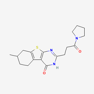 molecular formula C18H23N3O2S B2500281 7-METHYL-2-[3-OXO-3-(1-PYRROLIDINYL)PROPYL]-5,6,7,8-TETRAHYDRO[1]BENZOTHIENO[2,3-D]PYRIMIDIN-4(3H)-ONE CAS No. 950443-41-1