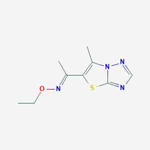 molecular formula C9H12N4OS B2500382 (E)-ethoxy(1-{6-methyl-[1,2,4]triazolo[3,2-b][1,3]thiazol-5-yl}ethylidene)amine CAS No. 400736-36-9