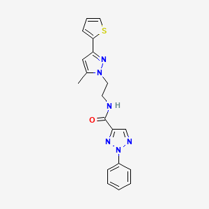 molecular formula C19H18N6OS B2500400 N-(2-(5-methyl-3-(thiophen-2-yl)-1H-pyrazol-1-yl)ethyl)-2-phenyl-2H-1,2,3-triazole-4-carboxamide CAS No. 2034633-20-8
