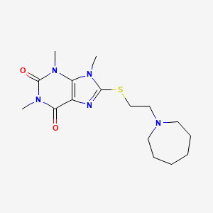 molecular formula C16H25N5O2S B2500421 8-[2-(Azepan-1-yl)ethylsulfanyl]-1,3,9-trimethylpurine-2,6-dione CAS No. 897453-85-9