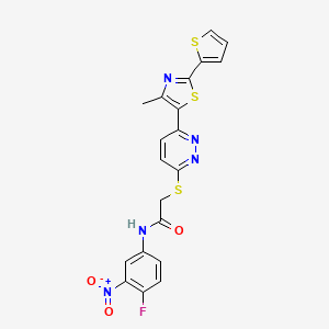 molecular formula C20H14FN5O3S3 B2500516 N-(4-fluoro-3-nitrophenyl)-2-((6-(4-methyl-2-(thiophen-2-yl)thiazol-5-yl)pyridazin-3-yl)thio)acetamide CAS No. 1005304-69-7