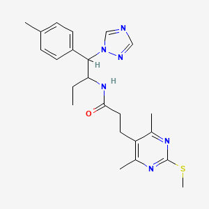 molecular formula C23H30N6OS B2500537 3-[4,6-dimethyl-2-(methylsulfanyl)pyrimidin-5-yl]-N-[1-(4-methylphenyl)-1-(1H-1,2,4-triazol-1-yl)butan-2-yl]propanamide CAS No. 1428097-37-3