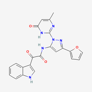 molecular formula C22H16N6O4 B2500540 N-(3-(Furan-2-yl)-1-(4-methyl-6-oxo-1,6-dihydropyrimidin-2-yl)-1H-pyrazol-5-yl)-2-(1H-indol-3-yl)-2-oxoacetamide CAS No. 1207037-83-9