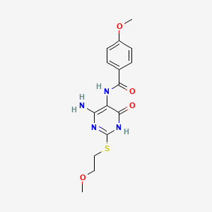 molecular formula C15H18N4O4S B2500597 N-(4-amino-2-((2-methoxyethyl)thio)-6-oxo-1,6-dihydropyrimidin-5-yl)-4-methoxybenzamide CAS No. 872597-33-6