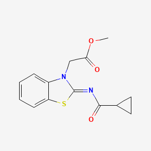 molecular formula C14H14N2O3S B2500639 methyl 2-[(2Z)-2-(cyclopropanecarbonylimino)-2,3-dihydro-1,3-benzothiazol-3-yl]acetate CAS No. 865197-70-2