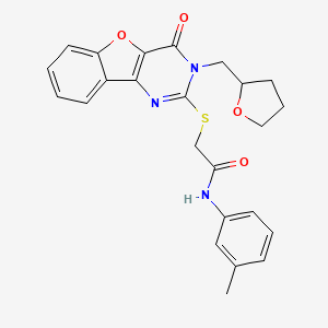 molecular formula C24H23N3O4S B2500661 N-(3-methylphenyl)-2-({6-oxo-5-[(oxolan-2-yl)methyl]-8-oxa-3,5-diazatricyclo[7.4.0.0^{2,7}]trideca-1(9),2(7),3,10,12-pentaen-4-yl}sulfanyl)acetamide CAS No. 899981-99-8