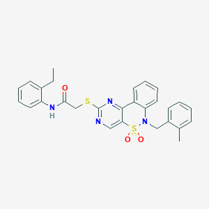 molecular formula C28H26N4O3S2 B2500722 N-(2-ethylphenyl)-2-({9-[(2-methylphenyl)methyl]-8,8-dioxo-8lambda6-thia-3,5,9-triazatricyclo[8.4.0.0^{2,7}]tetradeca-1(14),2(7),3,5,10,12-hexaen-4-yl}sulfanyl)acetamide CAS No. 932529-56-1