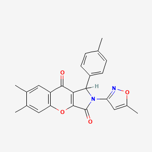molecular formula C24H20N2O4 B2500821 6,7-Dimethyl-2-(5-methyl-3-isoxazolyl)-1-(4-methylphenyl)-1,2-dihydrochromeno[2,3-c]pyrrole-3,9-dione CAS No. 874396-60-8