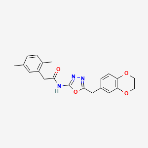 molecular formula C21H21N3O4 B2500844 N-(5-((2,3-dihydrobenzo[b][1,4]dioxin-6-yl)methyl)-1,3,4-oxadiazol-2-yl)-2-(2,5-dimethylphenyl)acetamide CAS No. 922044-74-4