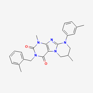 molecular formula C25H27N5O2 B2500888 1,7-dimethyl-9-(3-methylphenyl)-3-[(2-methylphenyl)methyl]-1H,2H,3H,4H,6H,7H,8H,9H-pyrimido[1,2-g]purine-2,4-dione CAS No. 848866-53-5