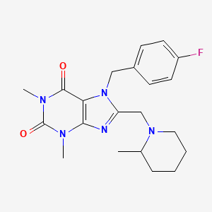 molecular formula C21H26FN5O2 B2501083 7-(4-fluorobenzyl)-1,3-dimethyl-8-[(2-methylpiperidin-1-yl)methyl]-3,7-dihydro-1H-purine-2,6-dione CAS No. 851937-88-7
