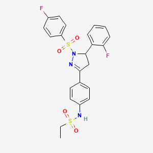 molecular formula C23H21F2N3O4S2 B2501098 N-{4-[1-(4-fluorobenzenesulfonyl)-5-(2-fluorophenyl)-4,5-dihydro-1H-pyrazol-3-yl]phenyl}ethane-1-sulfonamide CAS No. 851781-72-1