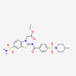molecular formula C24H28N4O7S3 B2501193 ethyl 2-[(2Z)-2-({4-[(4-methylpiperidin-1-yl)sulfonyl]benzoyl}imino)-6-sulfamoyl-2,3-dihydro-1,3-benzothiazol-3-yl]acetate CAS No. 865248-05-1
