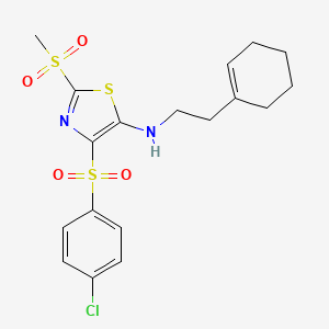 molecular formula C18H21ClN2O4S3 B2501272 4-((4-chlorophenyl)sulfonyl)-N-(2-(cyclohex-1-en-1-yl)ethyl)-2-(methylsulfonyl)thiazol-5-amine CAS No. 863449-04-1