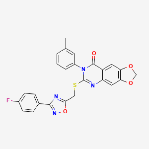 molecular formula C25H17FN4O4S B2501307 6-(((3-(4-氟苯基)-1,2,4-恶二唑-5-基)甲硫基)-7-(间甲苯基)-[1,3]二氧杂环[4,5-g]喹唑啉-8(7H)-酮 CAS No. 1112028-42-8