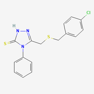 molecular formula C16H14ClN3S2 B2501335 5-(((4-Chlorobenzyl)sulfanyl)methyl)-4-phenyl-4H-1,2,4-triazole-3-thiol CAS No. 344269-21-2