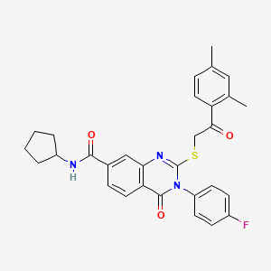 molecular formula C30H28FN3O3S B2501361 N-cyclopentyl-2-((2-(2,4-dimethylphenyl)-2-oxoethyl)thio)-3-(4-fluorophenyl)-4-oxo-3,4-dihydroquinazoline-7-carboxamide CAS No. 1113138-26-3