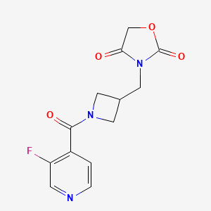 molecular formula C13H12FN3O4 B2501422 3-((1-(3-Fluoroisonicotinoyl)azetidin-3-yl)methyl)oxazolidine-2,4-dione CAS No. 2034610-60-9