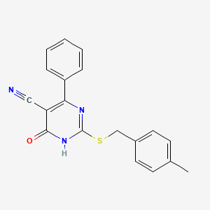 molecular formula C19H15N3OS B2501430 4-Hydroxy-2-[(4-methylbenzyl)sulfanyl]-6-phenyl-5-pyrimidinecarbonitrile CAS No. 860649-61-2