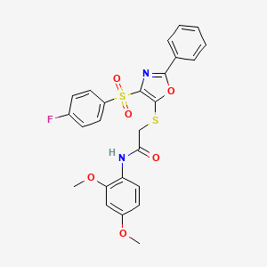 molecular formula C25H21FN2O6S2 B2501436 N-(2,4-dimethoxyphenyl)-2-((4-((4-fluorophenyl)sulfonyl)-2-phenyloxazol-5-yl)thio)acetamide CAS No. 850926-01-1