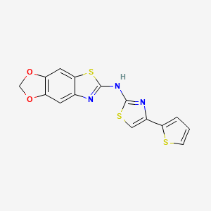 molecular formula C15H9N3O2S3 B2501479 N-[4-(thiophen-2-yl)-1,3-thiazol-2-yl]-4,6-dioxa-10-thia-12-azatricyclo[7.3.0.0^{3,7}]dodeca-1(9),2,7,11-tetraen-11-amine CAS No. 862976-65-6