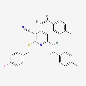 molecular formula C31H25FN2S B2501490 2-[(4-Fluorobenzyl)sulfanyl]-4,6-bis(4-methylstyryl)nicotinonitrile CAS No. 303985-29-7