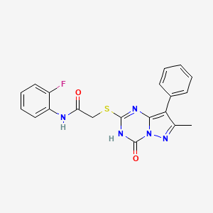 molecular formula C20H16FN5O2S B2501512 N-(2-fluorophenyl)-2-((7-methyl-4-oxo-8-phenyl-3,4-dihydropyrazolo[1,5-a][1,3,5]triazin-2-yl)thio)acetamide CAS No. 946247-48-9