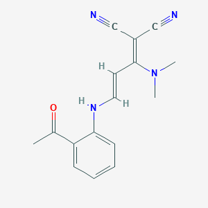 molecular formula C16H16N4O B2501593 2-[(2E)-3-[(2-acetylphenyl)amino]-1-(dimethylamino)prop-2-en-1-ylidene]propanedinitrile CAS No. 338773-94-7