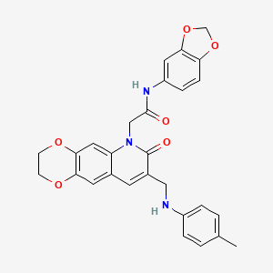 molecular formula C28H25N3O6 B2501753 N-(2H-1,3-benzodioxol-5-yl)-2-(8-{[(4-methylphenyl)amino]methyl}-7-oxo-2H,3H,6H,7H-[1,4]dioxino[2,3-g]quinolin-6-yl)acetamide CAS No. 932308-15-1