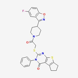 molecular formula C29H25FN4O3S2 B2501995 10-({2-[4-(5-Fluoro-1,2-benzoxazol-3-yl)piperidin-1-yl]-2-oxoethyl}sulfanyl)-11-phenyl-7-thia-9,11-diazatricyclo[6.4.0.0^{2,6}]dodeca-1(8),2(6),9-trien-12-one CAS No. 690647-00-8